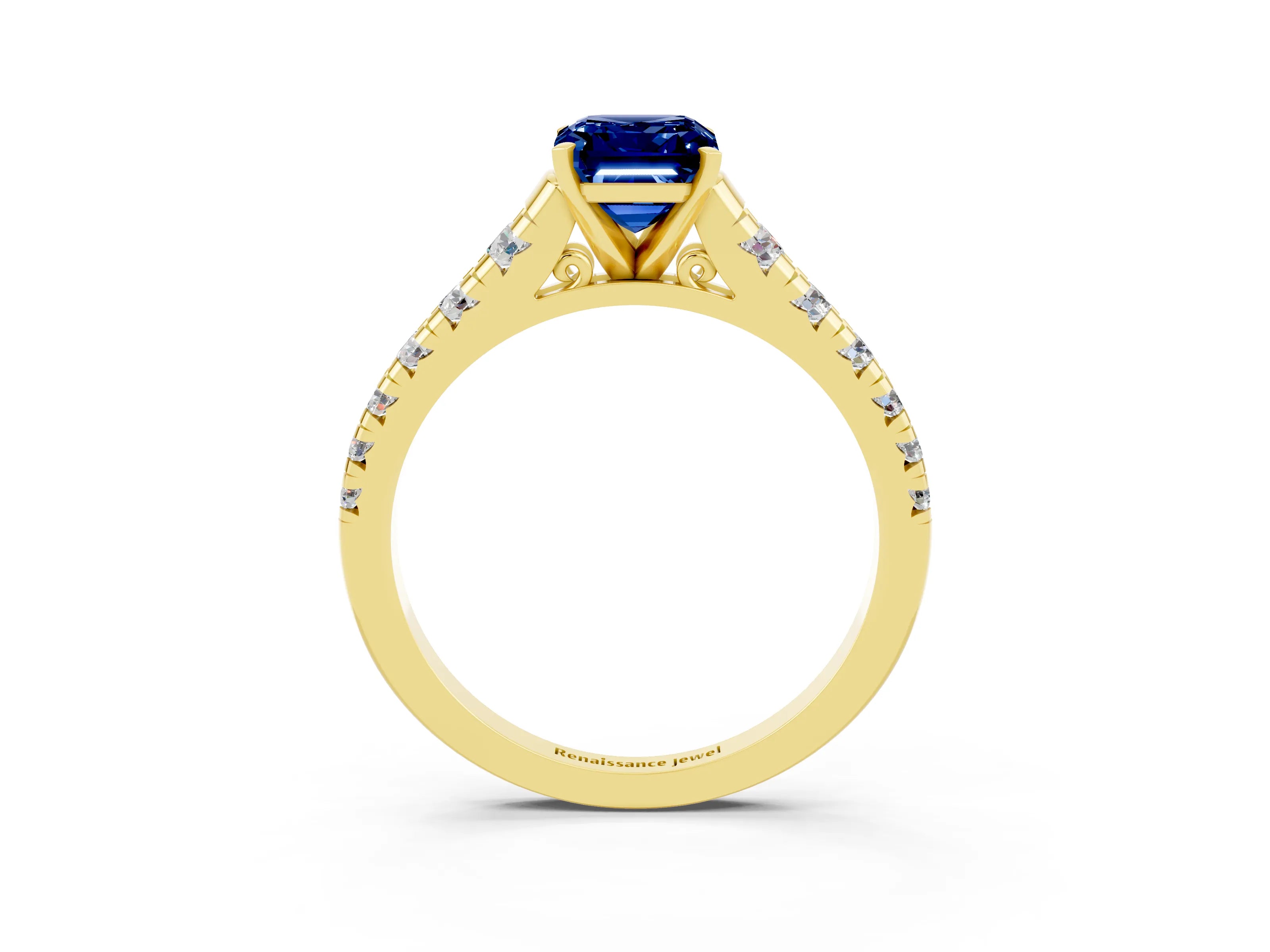 Yellow gold Emerald Cut Blue Sapphire Solitaire Ring with Cathedral Setting and Pavé Band_3