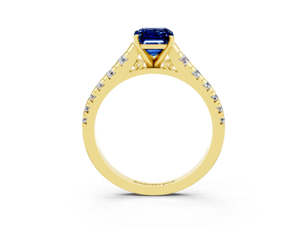 Yellow gold Emerald Cut Blue Sapphire Cathedral Solitaire Ring with Round  Pavé Band