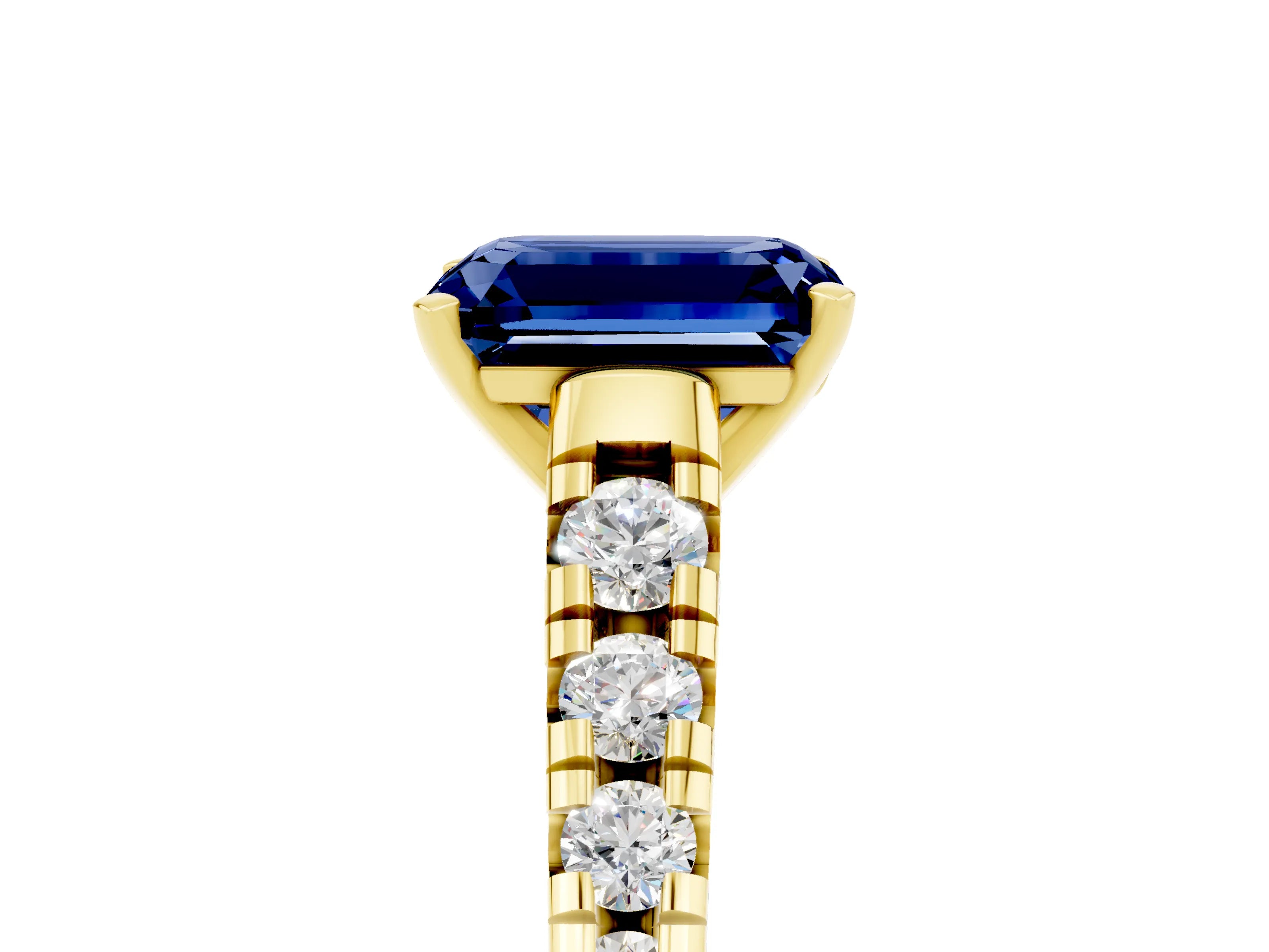 Yellow gold Emerald Cut Blue Sapphire Solitaire Ring with Cathedral Setting and Pavé Band_5