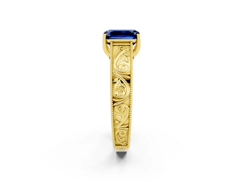 Yellow gold Emerald Cut Blue Sapphire Solitaire Ring with Engraved Band and Four-Prong Setting_2