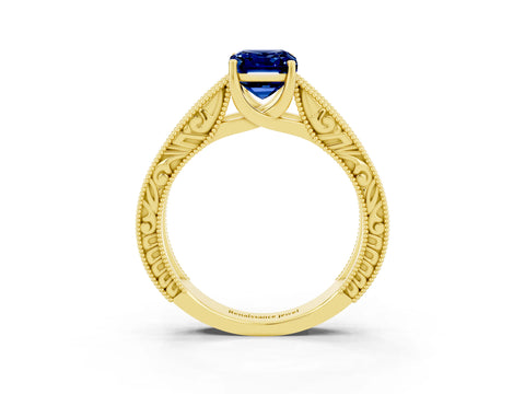 Yellow gold Emerald Cut Blue Sapphire Solitaire Ring with Engraved Band and Four-Prong Setting_3