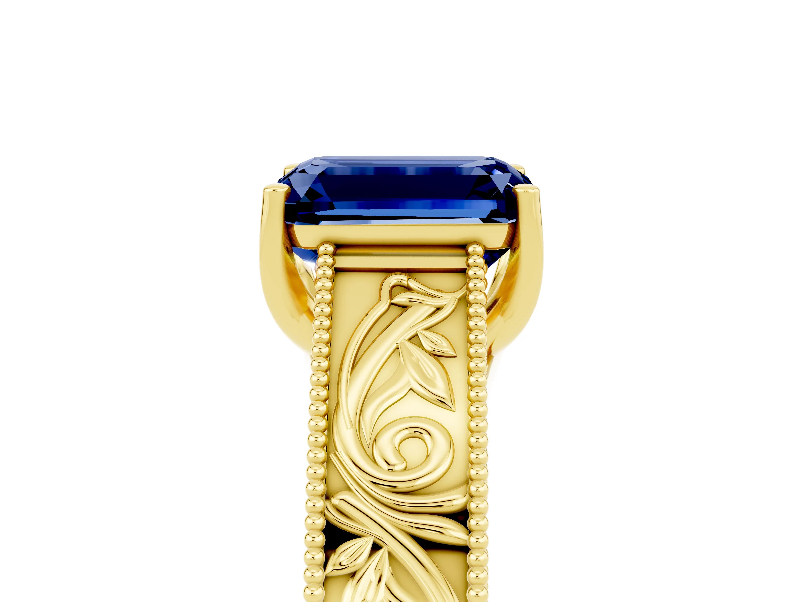 Yellow gold Emerald Cut Blue Sapphire Solitaire Ring with Engraved Band and Four-Prong Setting_5