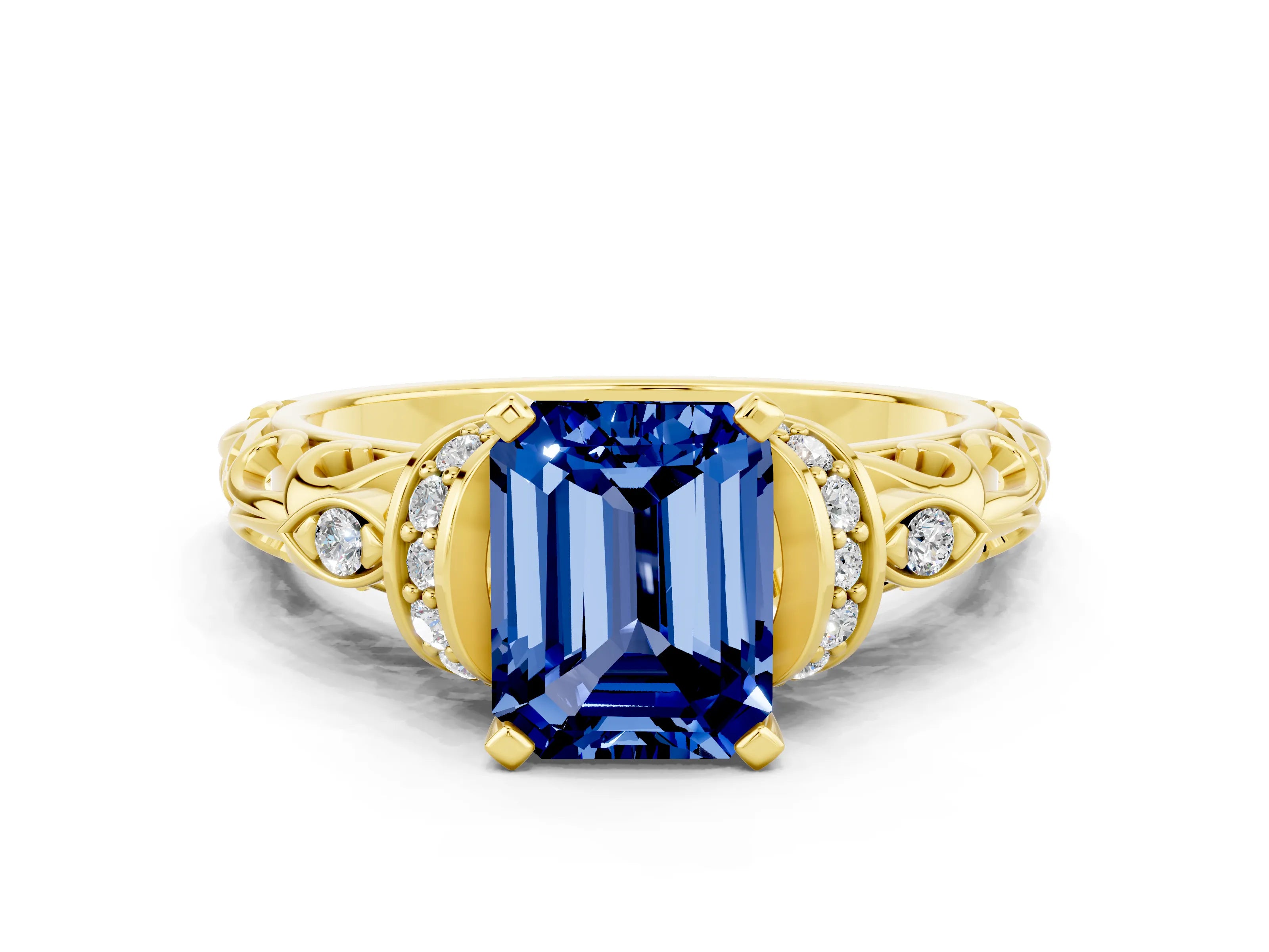 Yellow gold Emerald Cut Blue Sapphire Solitaire Ring with Filigree Band and Four-Prong Setting_24