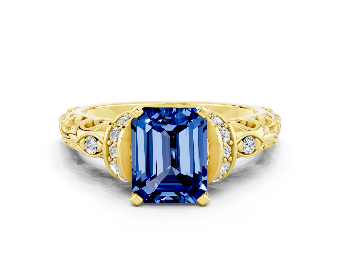 Yellow gold Emerald Cut Blue Sapphire Solitaire Ring with Filigree Band and Four-Prong Setting_24