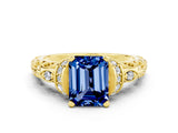 Yellow gold Emerald Cut Blue Sapphire Solitaire Ring with Filigree Band and Four-Prong Setting_24