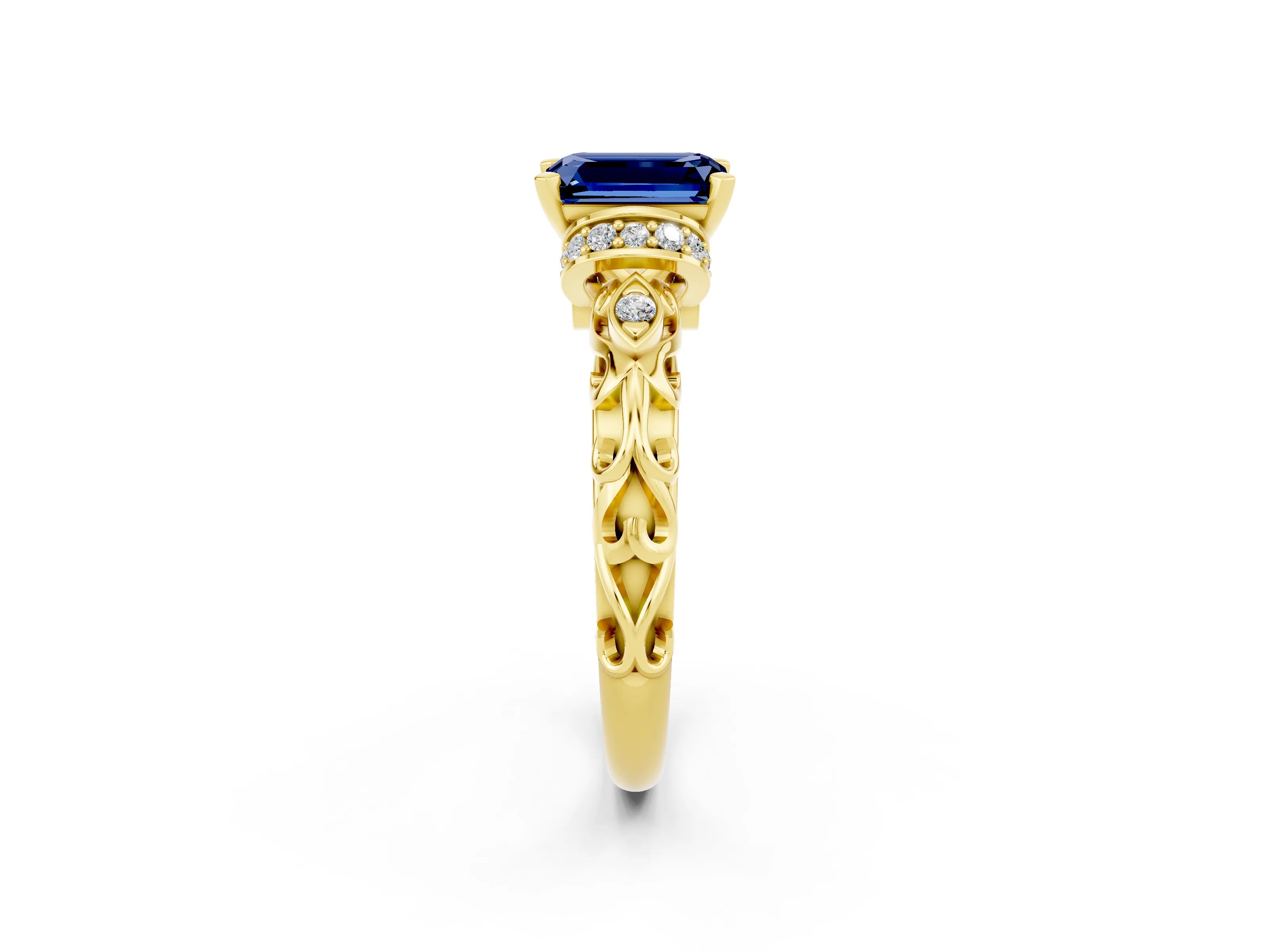 Yellow gold Emerald Cut Blue Sapphire Solitaire Ring with Filigree Band and Four-Prong Setting_26