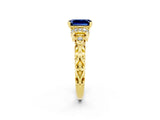Yellow gold Emerald Cut Blue Sapphire Solitaire Ring with Filigree Band and Four-Prong Setting_26