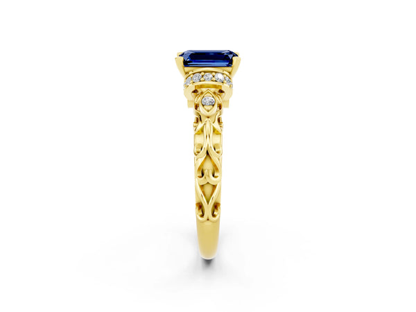 Yellow gold Emerald Cut Blue Sapphire Solitaire Ring with Filigree Band and Four-Prong Setting