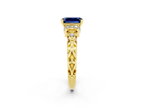 Yellow gold Emerald Cut Blue Sapphire Solitaire Ring with Filigree Band and Four-Prong Setting_26