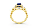 Yellow gold Emerald Cut Blue Sapphire Solitaire Ring with Filigree Band and Four-Prong Setting_27