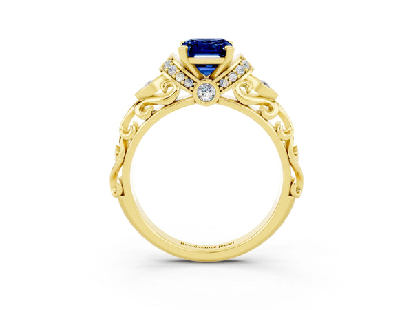 Yellow gold Emerald Cut Blue Sapphire Solitaire Ring with Filigree Band and Four-Prong Setting