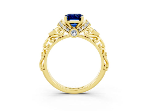 Yellow gold Emerald Cut Blue Sapphire Solitaire Ring with Filigree Band and Four-Prong Setting_27