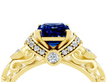 Yellow gold Emerald Cut Blue Sapphire Solitaire Ring with Filigree Band and Four-Prong Setting_28