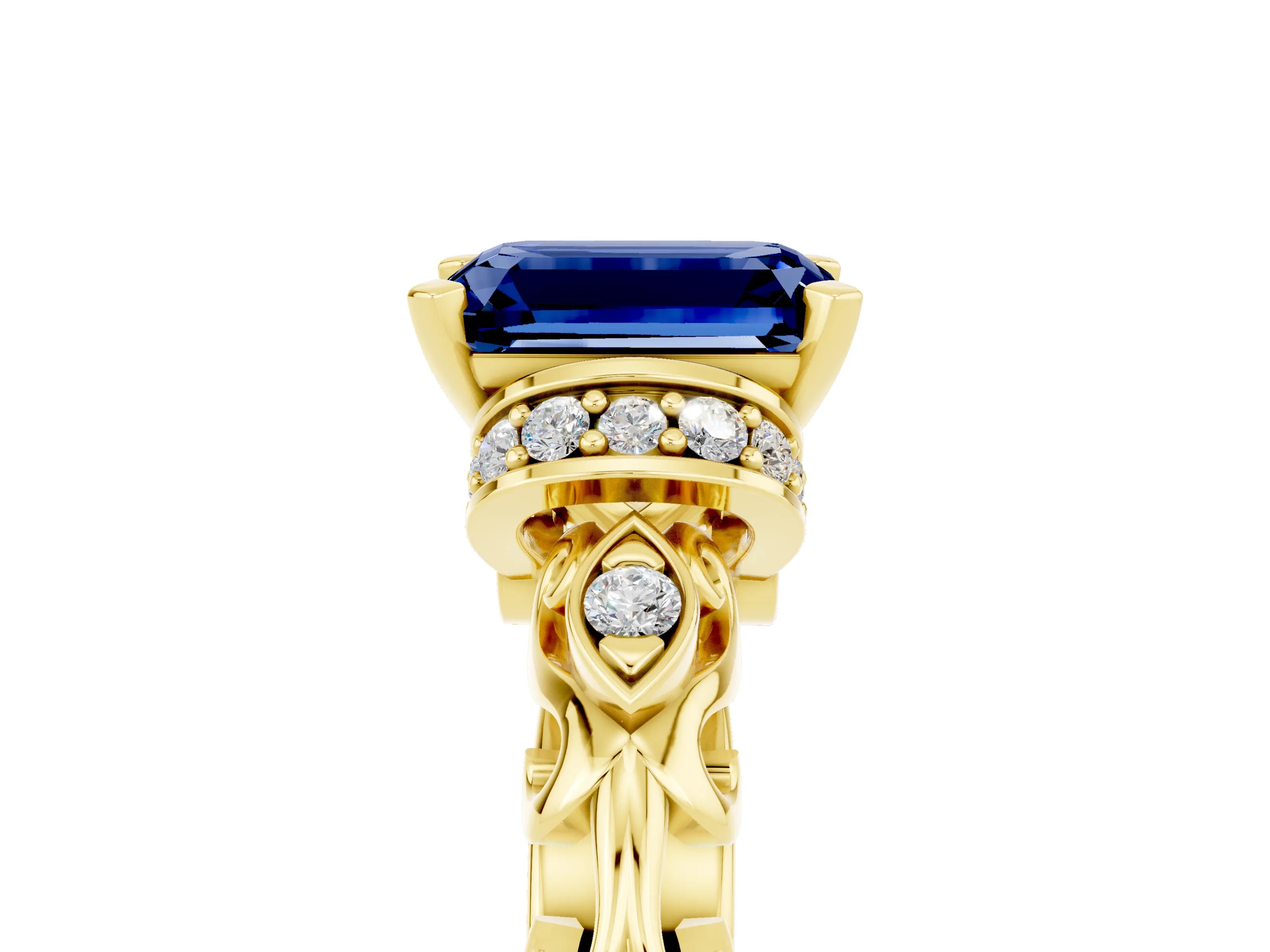 Yellow gold Emerald Cut Blue Sapphire Solitaire Ring with Filigree Band and Four-Prong Setting_29