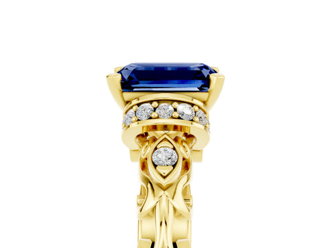 Yellow gold Emerald Cut Blue Sapphire Solitaire Ring with Filigree Band and Four-Prong Setting_29