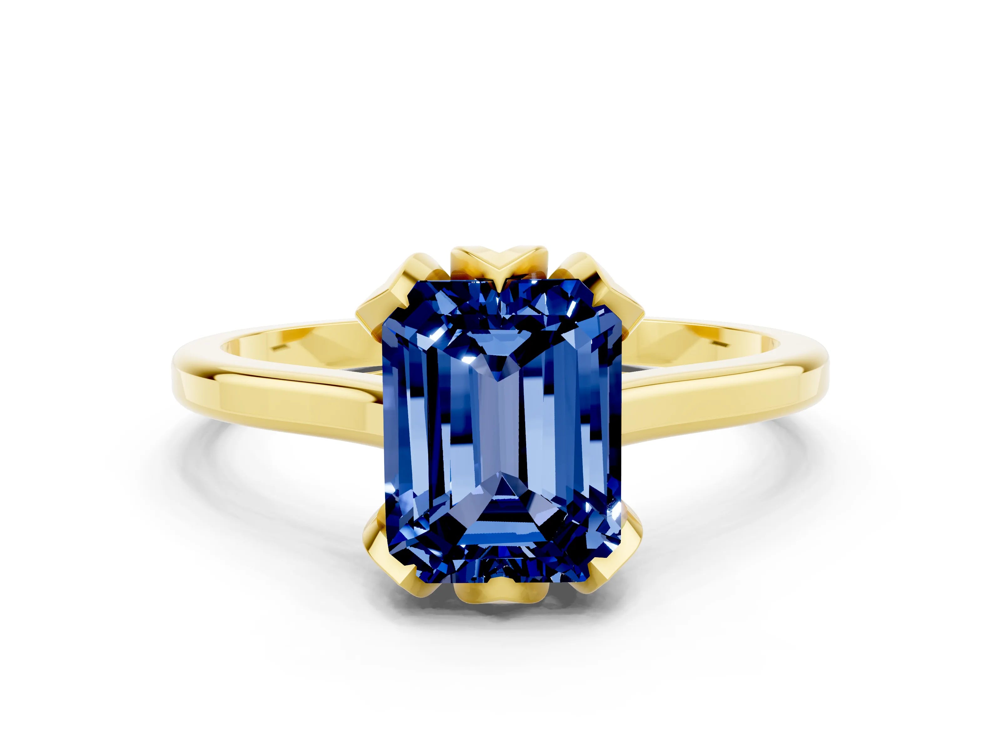 Yellow gold Emerald Cut Blue Sapphire Solitaire Ring with Flower Prong Setting and Classic Band_12