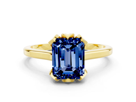 Yellow gold Emerald Cut Blue Sapphire Solitaire Ring with Flower Prong Setting and Classic Band_12