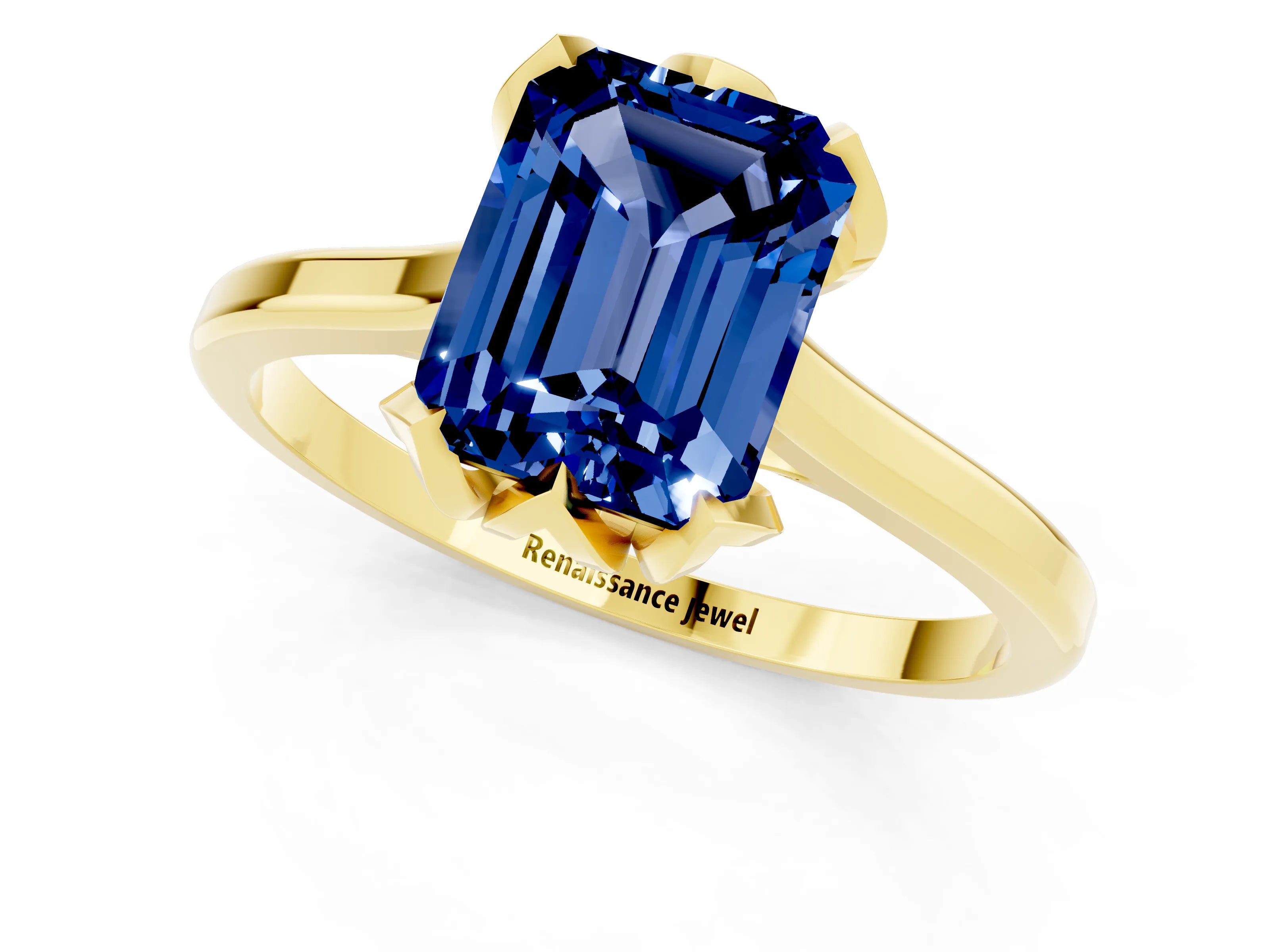 Yellow gold Emerald Cut Blue Sapphire Solitaire Ring with Flower Prong Setting and Classic Band_13
