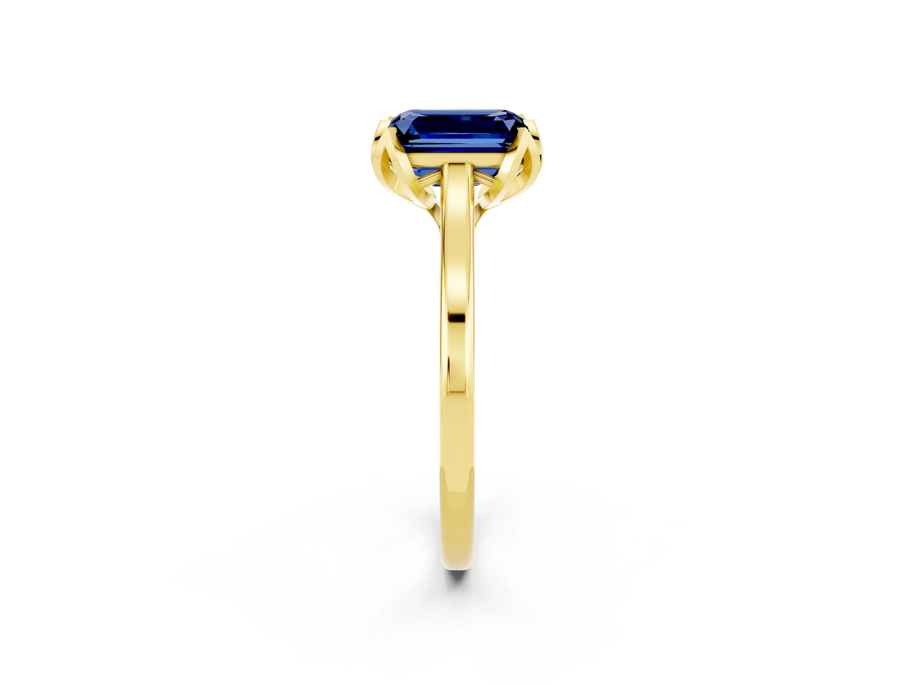 Yellow gold Emerald Cut Blue Sapphire Solitaire Ring with Flower Prong Setting and Classic Band_14