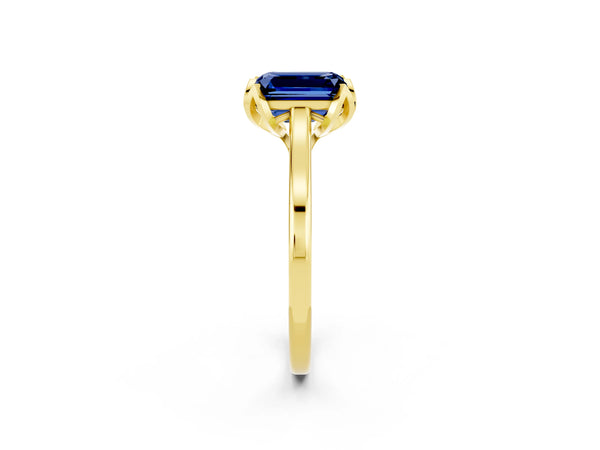 Yellow gold Emerald Cut Blue Sapphire Solitaire Ring with Flower Prong Setting and Classic Band