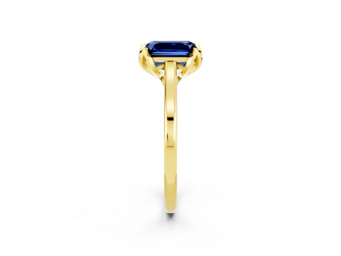 Yellow gold Emerald Cut Blue Sapphire Solitaire Ring with Flower Prong Setting and Classic Band_14