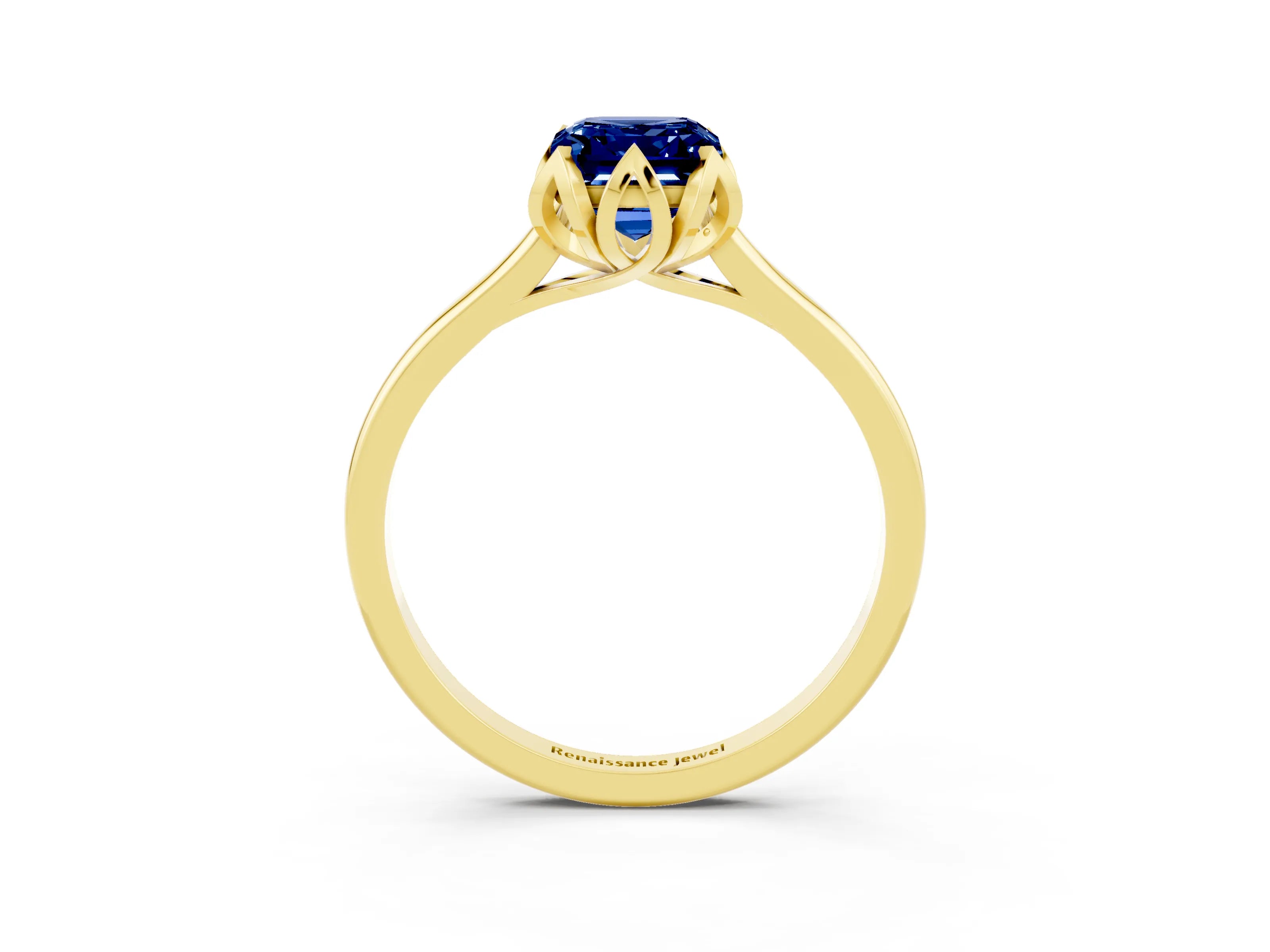 Yellow gold Emerald Cut Blue Sapphire Solitaire Ring with Flower Prong Setting and Classic Band_15