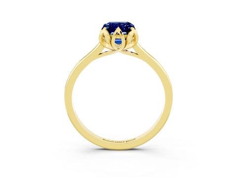 Yellow gold Emerald Cut Blue Sapphire Solitaire Ring with Flower Prong Setting and Classic Band_15