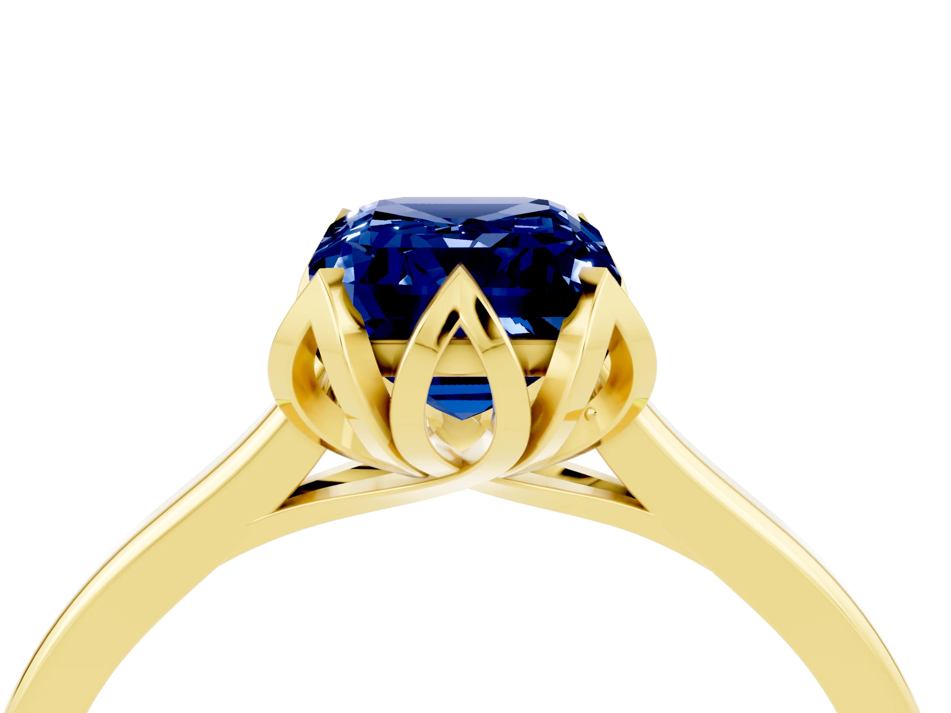 Yellow gold Emerald Cut Blue Sapphire Solitaire Ring with Flower Prong Setting and Classic Band_16