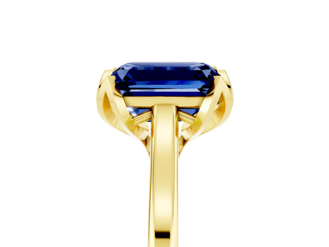 Yellow gold Emerald Cut Blue Sapphire Solitaire Ring with Flower Prong Setting and Classic Band_17