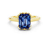 Yellow gold Emerald Cut Blue Sapphire Solitaire Ring with Flower Prong Setting and Classic Band_36