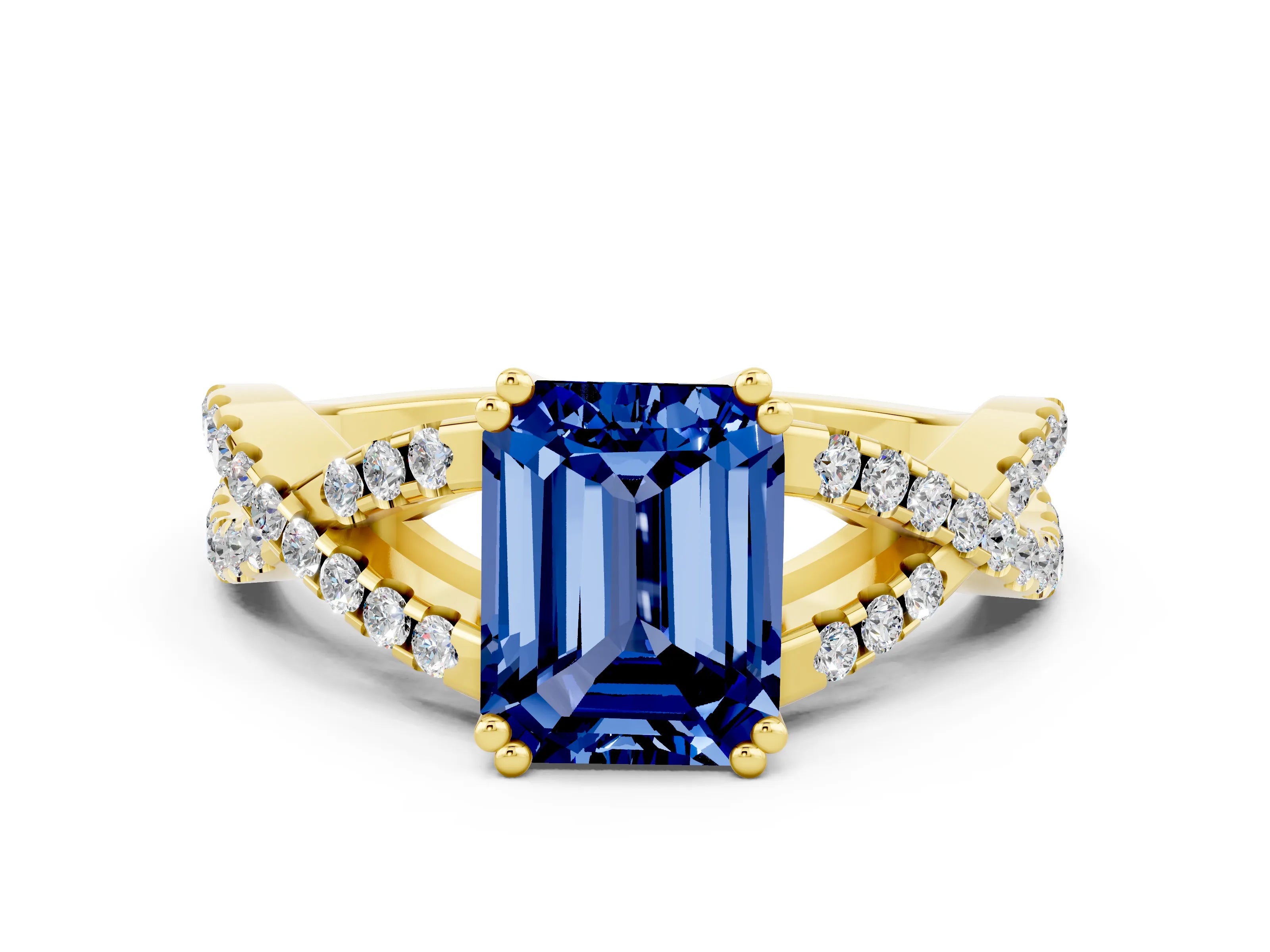 Yellow gold Emerald Cut Blue Sapphire Solitaire Ring with Four-Prong Setting and Twisted Pavé Band