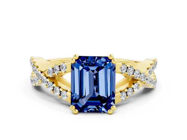 Yellow gold Emerald Cut Blue Sapphire Solitaire Ring with Four-Prong Setting and Twisted Pavé Band