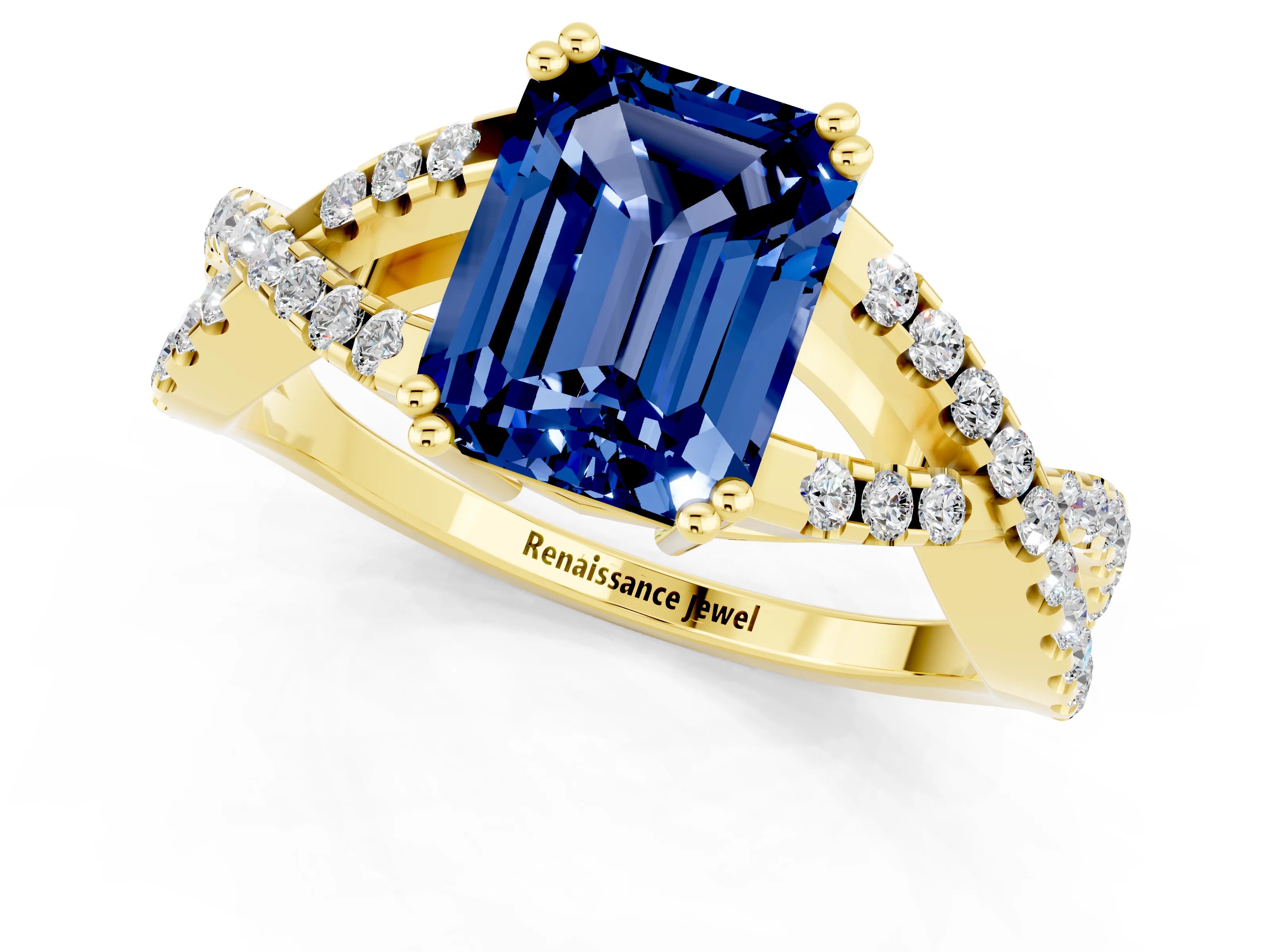 Yellow gold Emerald Cut Blue Sapphire Solitaire Ring with Four-Prong Setting and Twisted Pavé Band_1