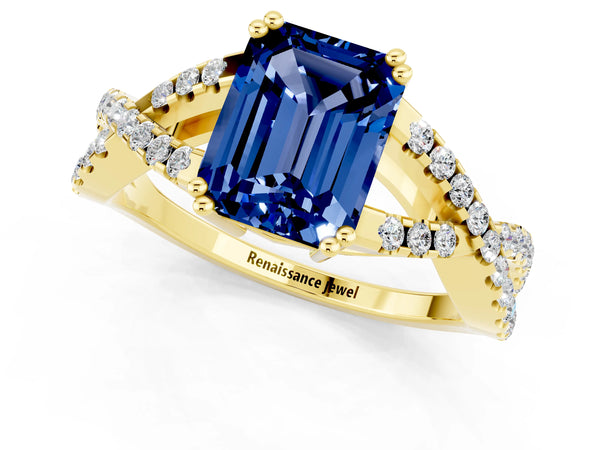 Yellow gold Emerald Cut Blue Sapphire Solitaire Ring with Four-Prong Setting and Twisted Pavé Band