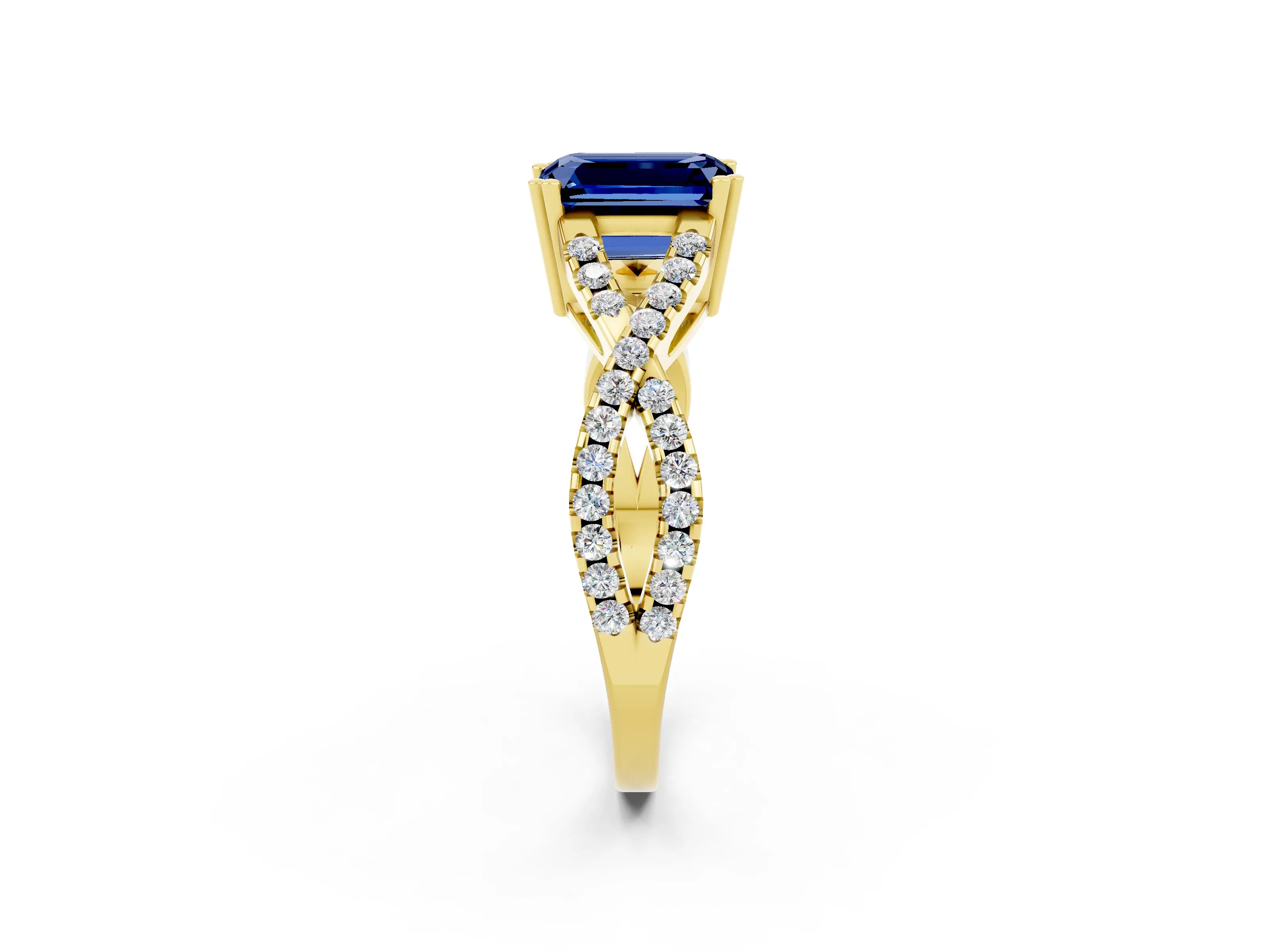 Yellow gold Emerald Cut Blue Sapphire Solitaire Ring with Four-Prong Setting and Twisted Pavé Band_2