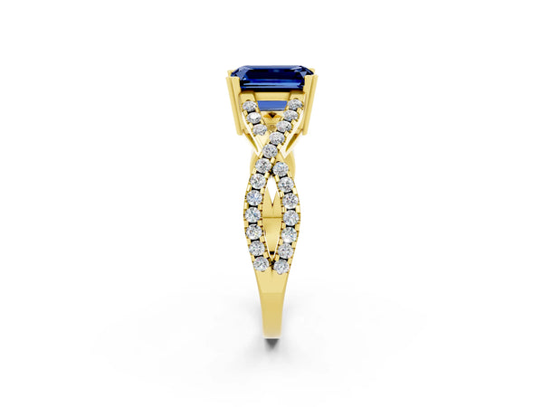 Yellow gold Emerald Cut Blue Sapphire Solitaire Ring with Four-Prong Setting and Twisted Pavé Band