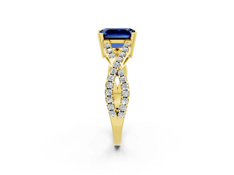 Yellow gold Emerald Cut Blue Sapphire Solitaire Ring with Four-Prong Setting and Twisted Pavé Band_2