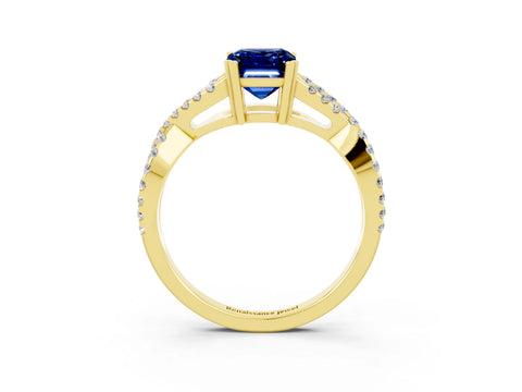 Yellow gold Emerald Cut Blue Sapphire Solitaire Ring with Four-Prong Setting and Twisted Pavé Band_3