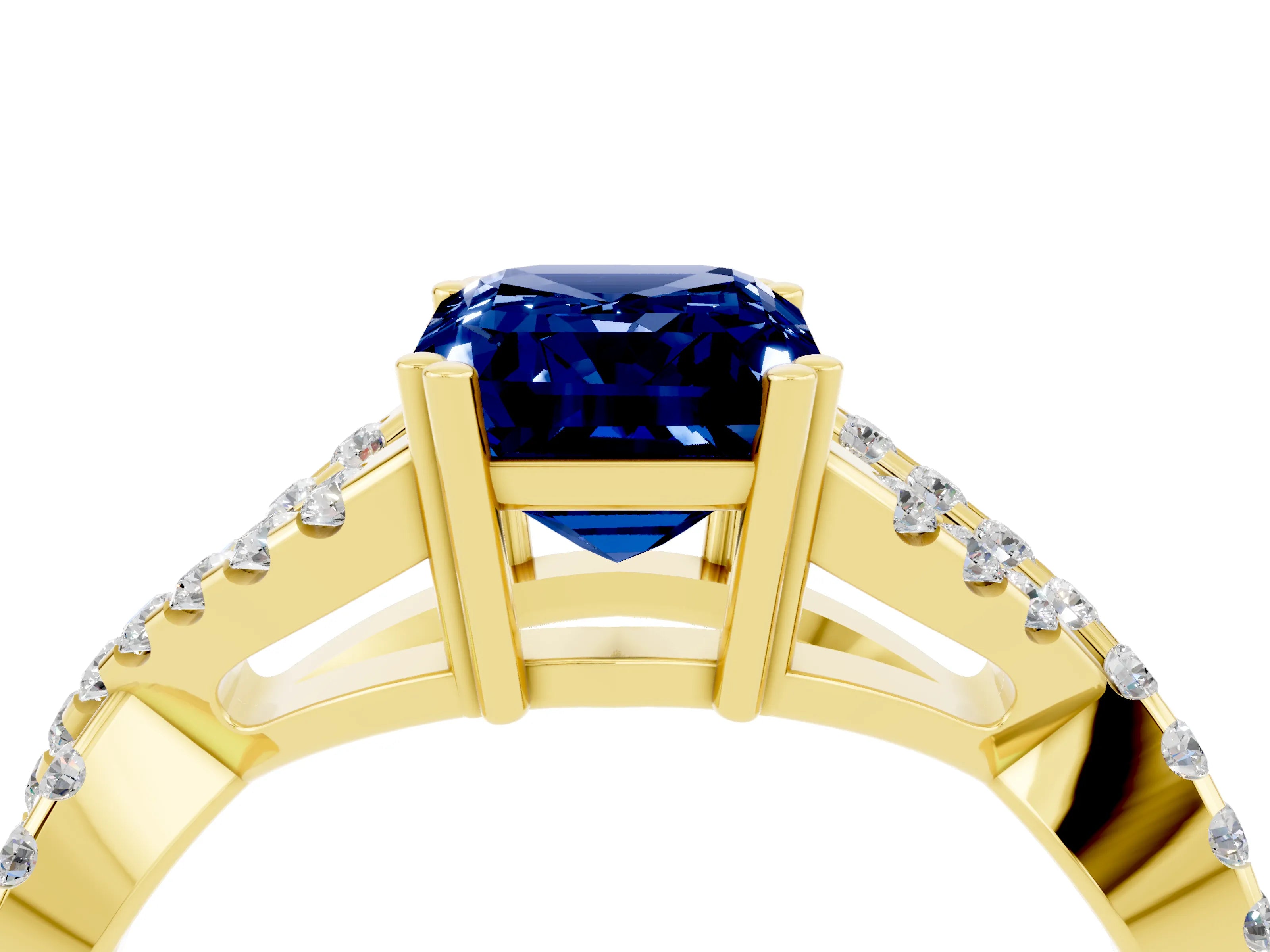 Yellow gold Emerald Cut Blue Sapphire Solitaire Ring with Four-Prong Setting and Twisted Pavé Band_4