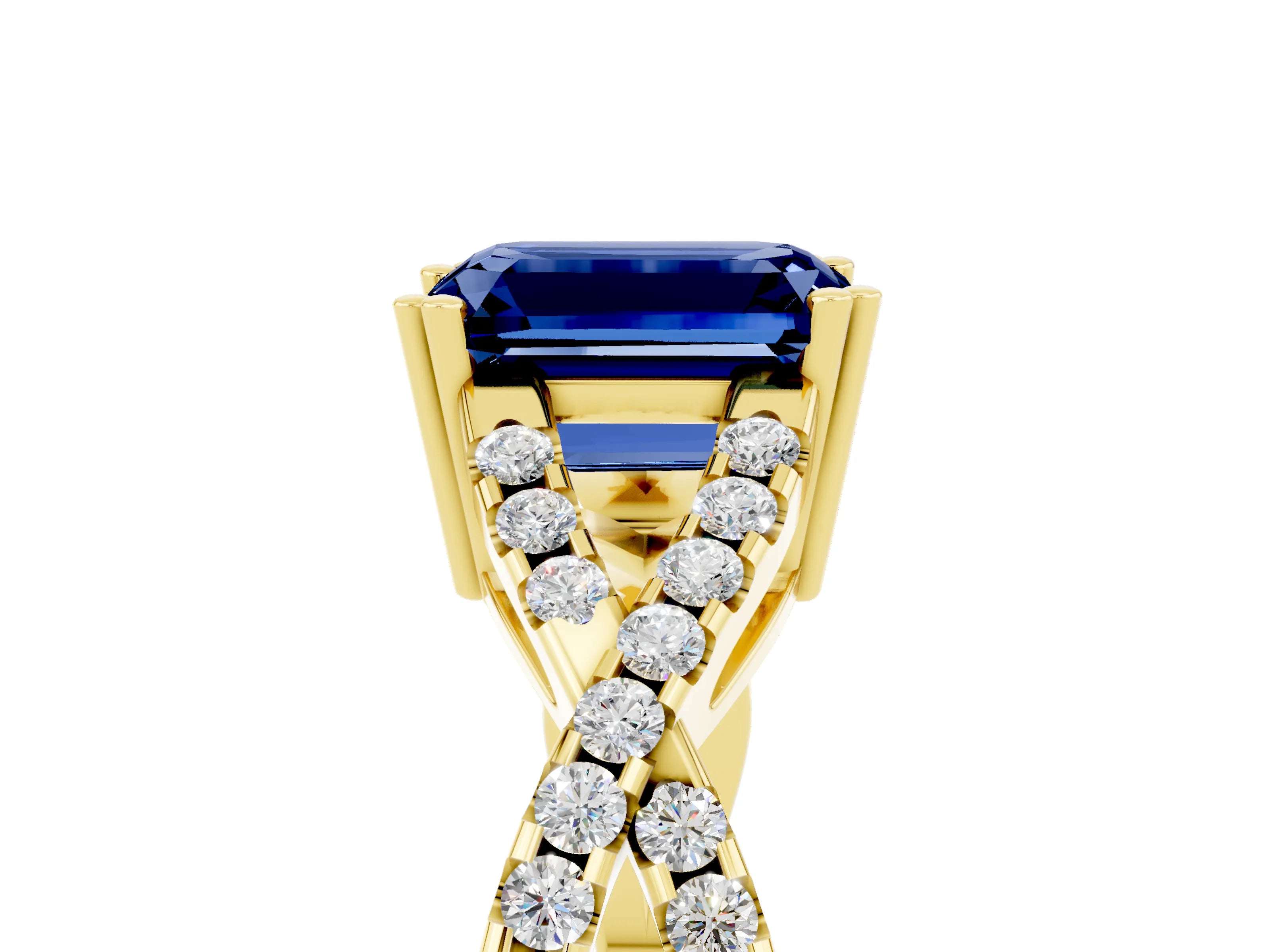 Yellow gold Emerald Cut Blue Sapphire Solitaire Ring with Four-Prong Setting and Twisted Pavé Band_5