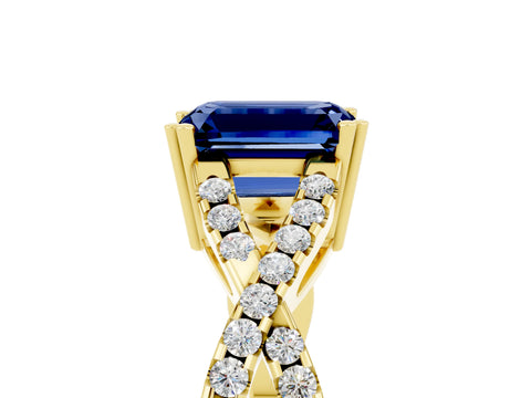 Yellow gold Emerald Cut Blue Sapphire Solitaire Ring with Four-Prong Setting and Twisted Pavé Band_5