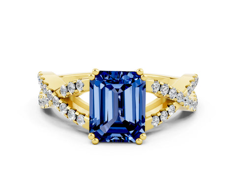 Yellow gold Emerald Cut Blue Sapphire Solitaire Ring with Four-Prong Setting and Twisted Pavé Band