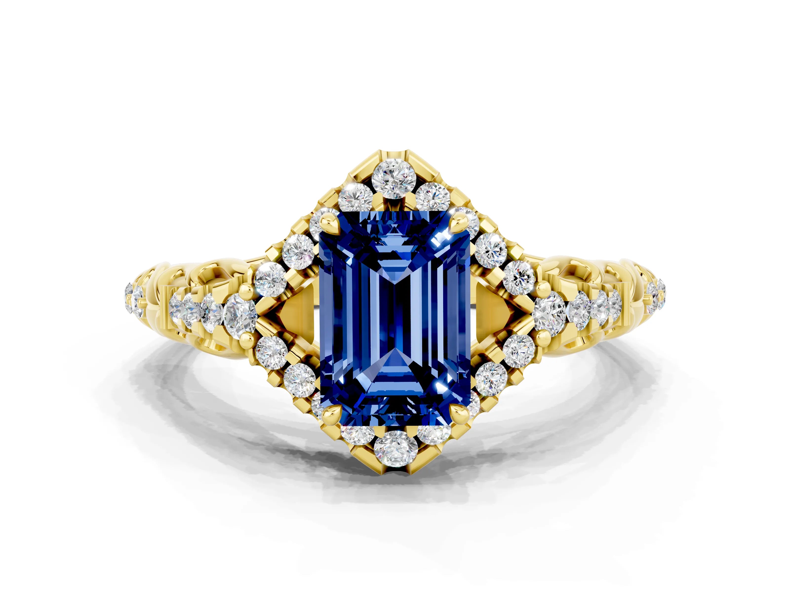 Yellow gold Emerald Cut Blue Sapphire Solitaire Ring with Hidden Halo and Pavé Band_12