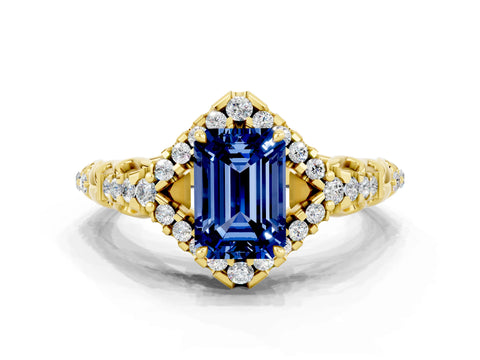 Yellow gold Emerald Cut Blue Sapphire Solitaire Ring with Hidden Halo and Pavé Band_12