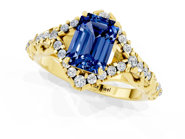 Yellow gold Emerald Cut Blue Sapphire Solitaire Ring with Hidden Halo and Pavé Band
