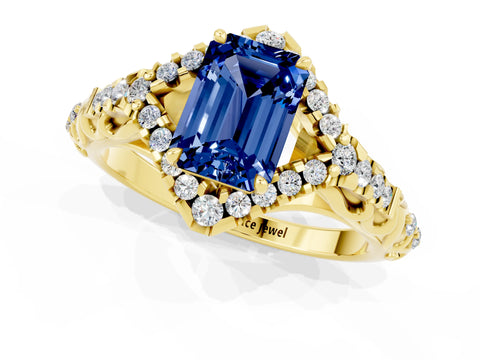 Yellow gold Emerald Cut Blue Sapphire Solitaire Ring with Hidden Halo and Pavé Band_13