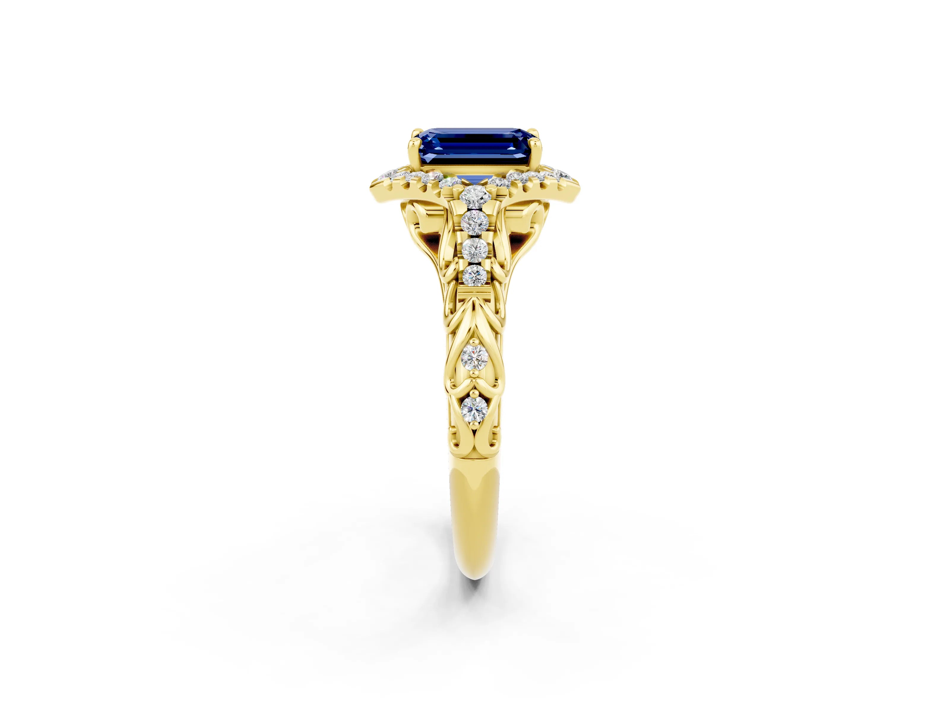 Yellow gold Emerald Cut Blue Sapphire Solitaire Ring with Hidden Halo and Pavé Band_14