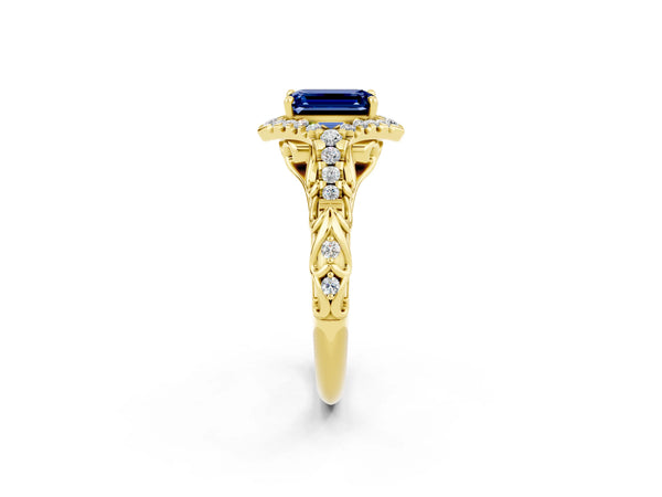 Yellow gold Emerald Cut Blue Sapphire Solitaire Ring with Hidden Halo and Pavé Band