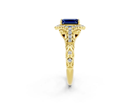 Yellow gold Emerald Cut Blue Sapphire Solitaire Ring with Hidden Halo and Pavé Band_14