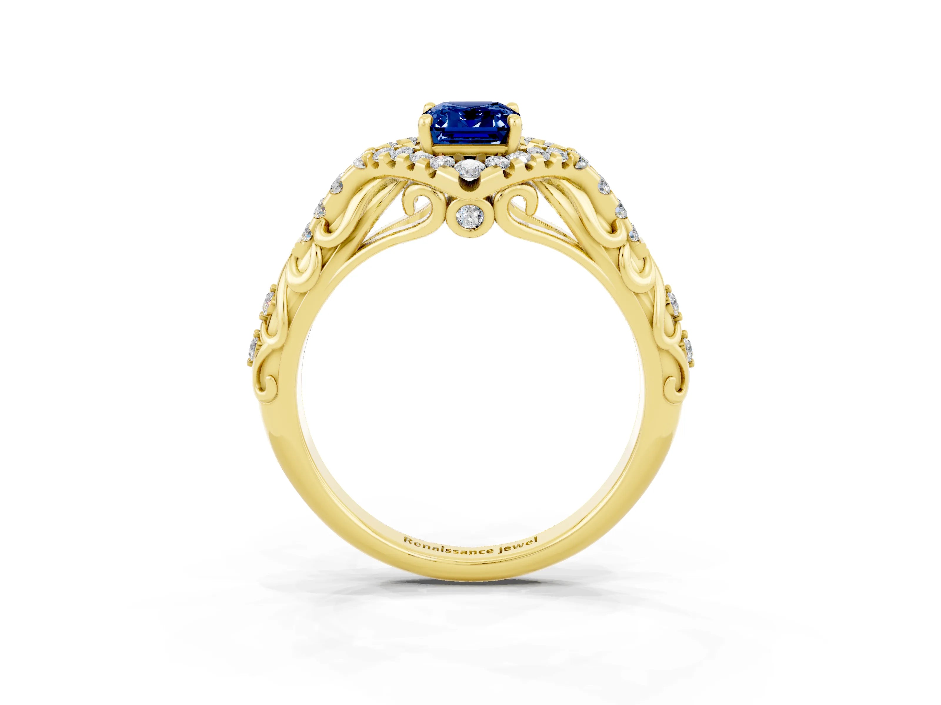 Yellow gold Emerald Cut Blue Sapphire Solitaire Ring with Hidden Halo and Pavé Band_15